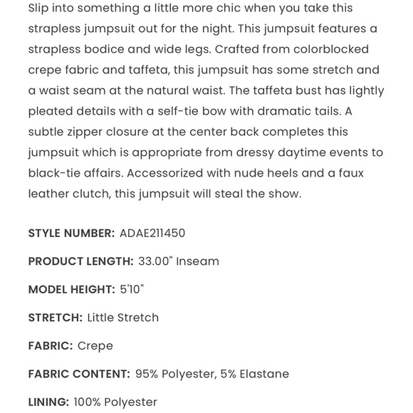 Adrianna Papell Colorblock Crepe strapless jumpsuit with bow. Size 10 - Picture 7 of 16